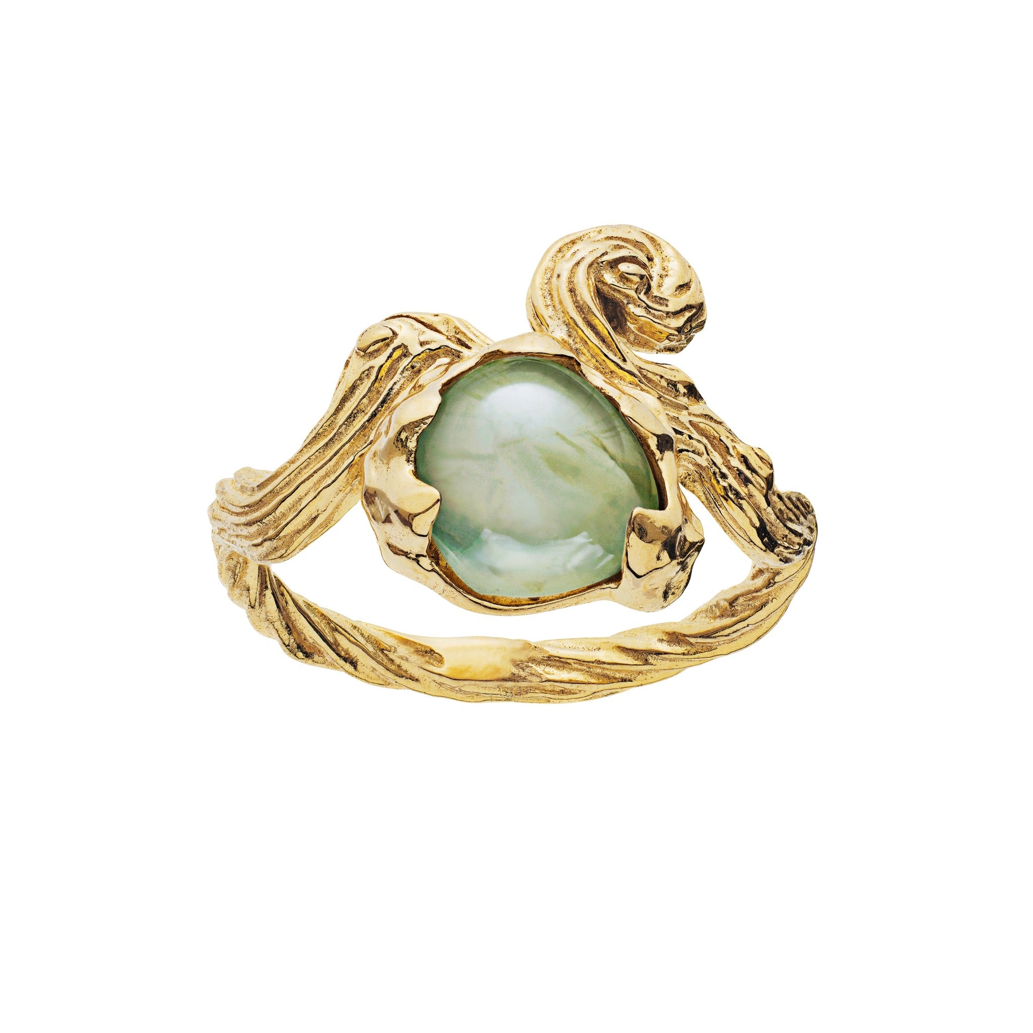 Elinor ring fra Maanesten. Forgyldt sølv med grøn ametyst.