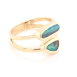 14 karat guld dobbelt ring med Boulder og mørk opal i rød blå og grønne farver