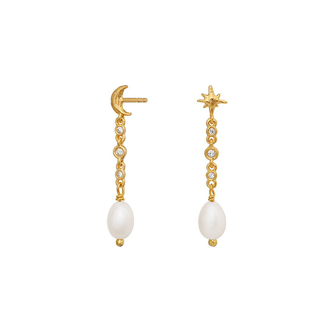 Giv dit look et strejf af elegance og feminin finesse med Lucian-øreringene, der kombinerer fine hvide zirkoner, ferskvandsperler og en gylden symbolik.
