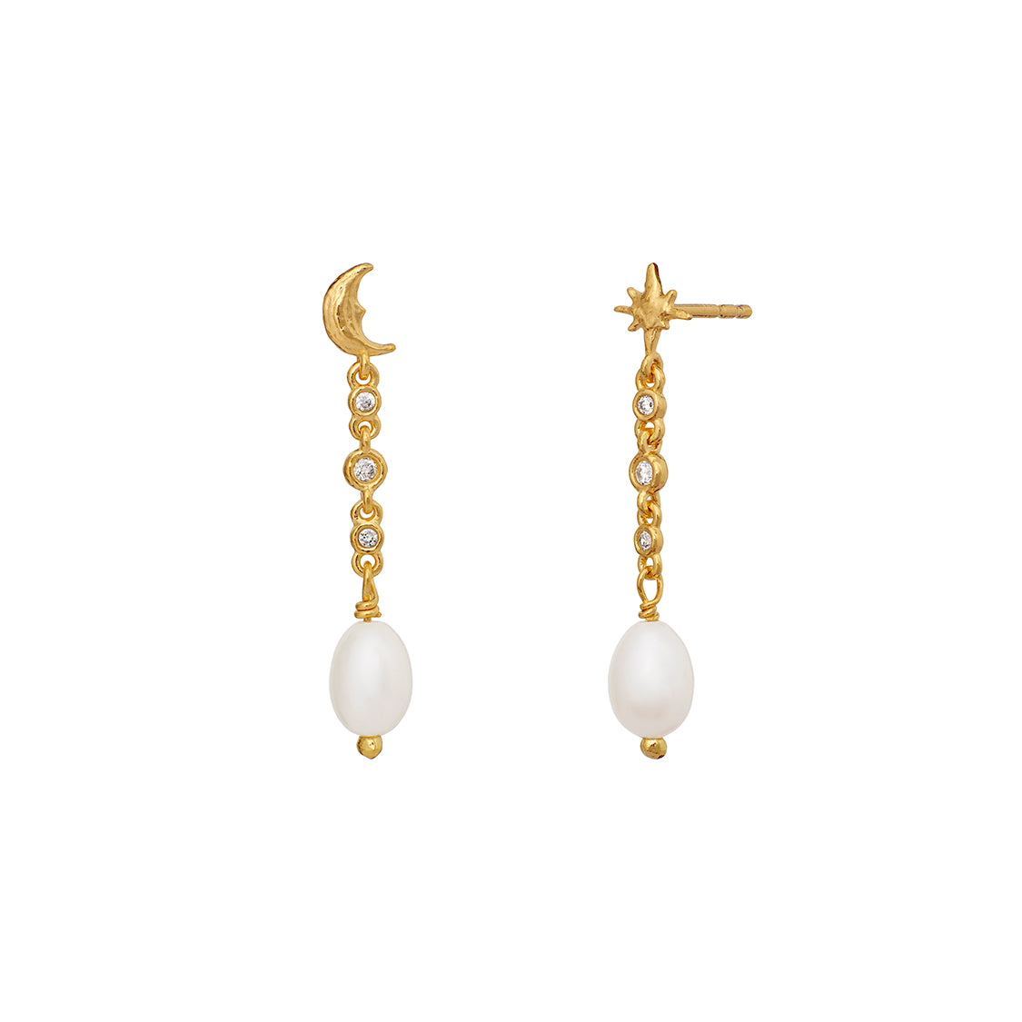 Giv dit look et strejf af elegance og feminin finesse med Lucian-øreringene, der kombinerer fine hvide zirkoner, ferskvandsperler og en gylden symbolik.